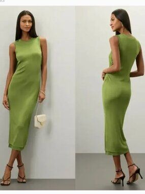 Atlein Tank Dress Chartreuse Knit Sleeveless Ruched Midi Bodycon Green Small